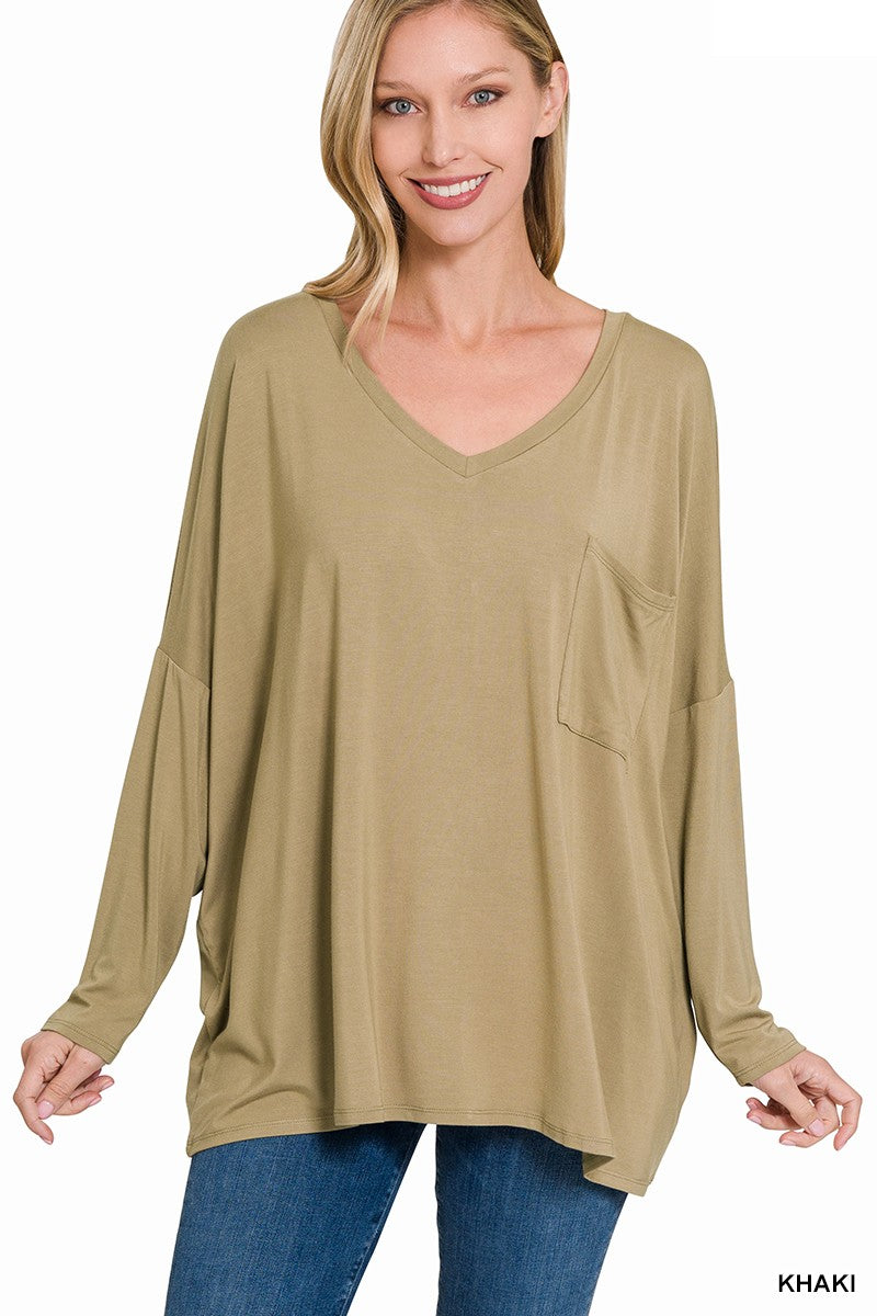 Oversized V-Neck Front Pocket Top