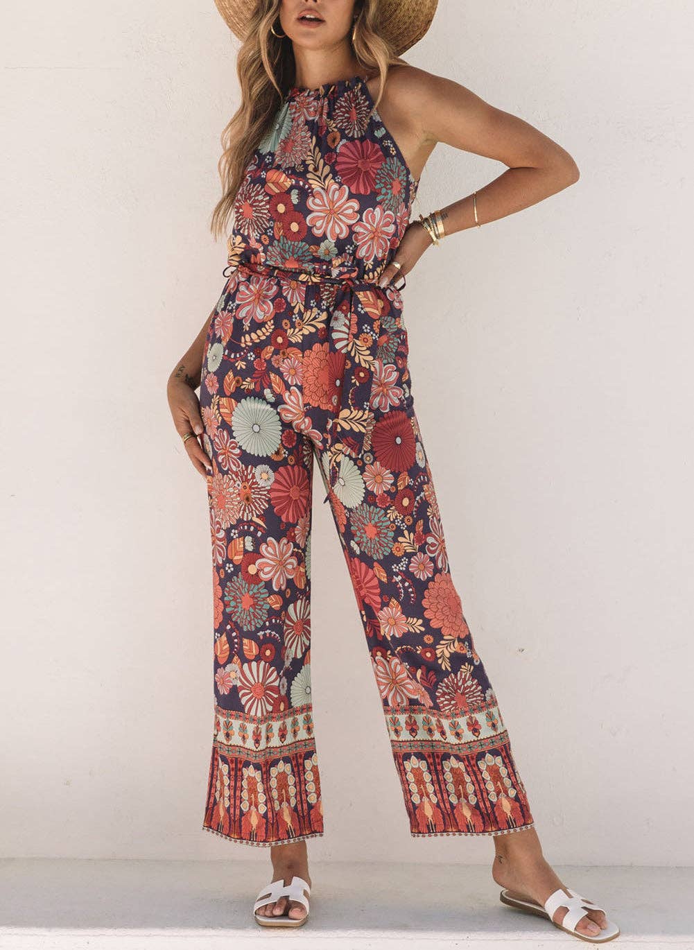 Floral Print Frill Halterneck Wide Leg Jumpsuit