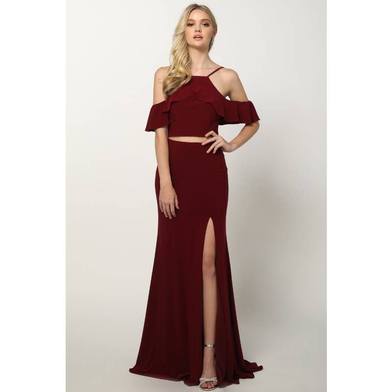 RUFFLED BODICE FITTED TWO PIECE PROM DRESS: BURGUNDY /SIZE: XS