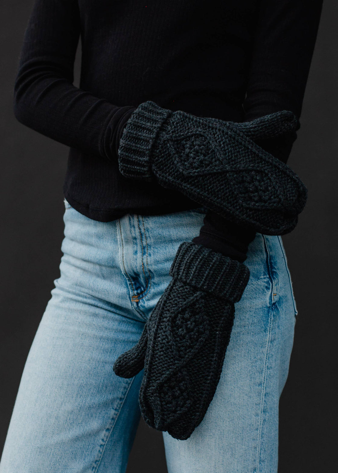 Charcoal Cable Knit Mittens