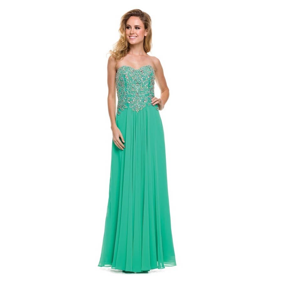 BEADED BODICE AND  STRAPLESS PROM GOWN: SIZE XS / KELLY GREEN