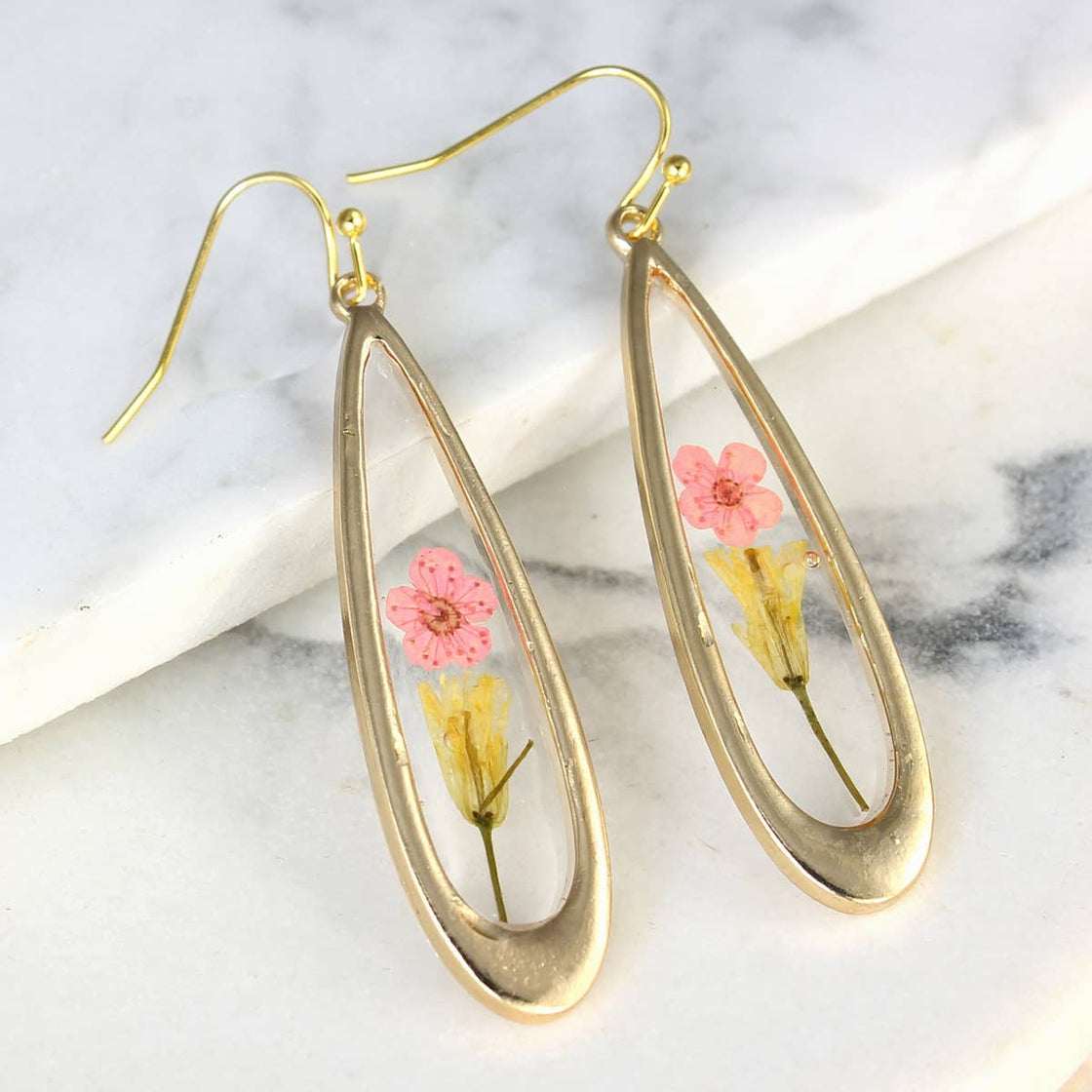 Pink Dried Flower Long Teardrop Gold Earrings