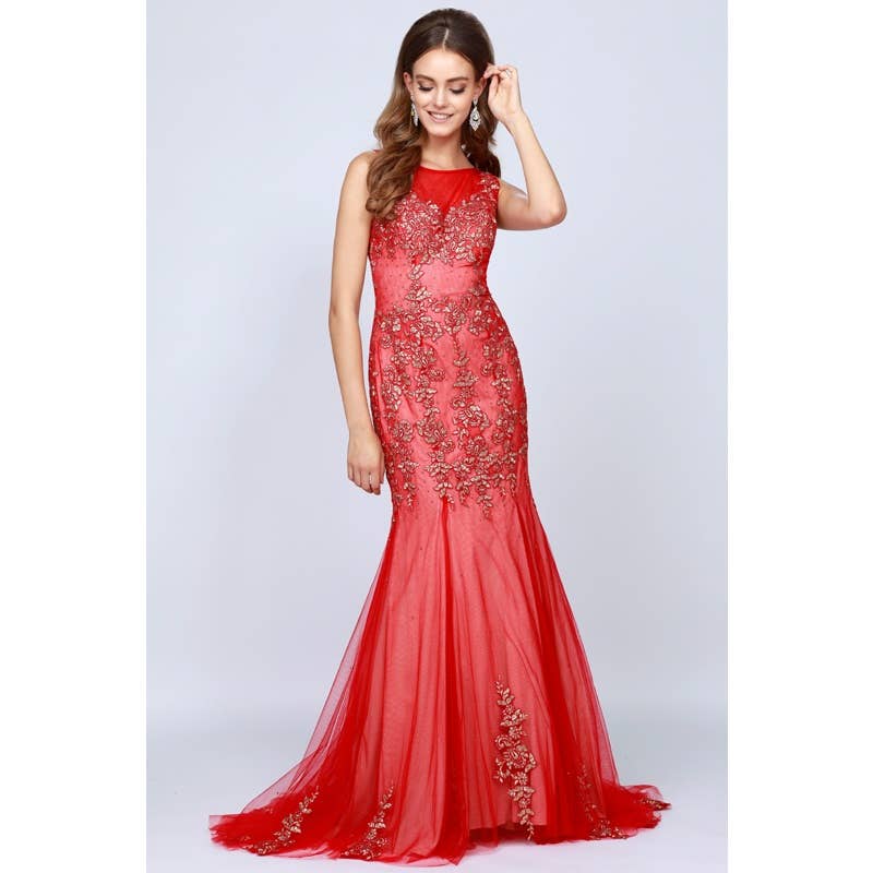 FLORAL APPLIQUES MERMAID PROM DRESS: RED & GOLD / SIZE: L