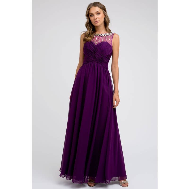 SLEEVELESS WITH GATHERED WAISTLINE FORMAL DRESS: PURPLE / SIZE: XS