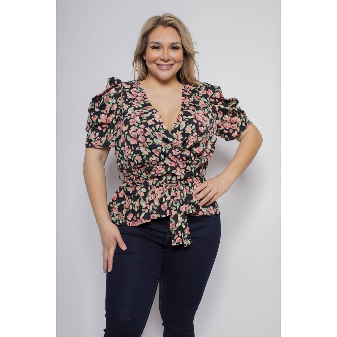 PLUS SIZE FLORAL SURPLICE PUFF SLEEVE BLOUSE