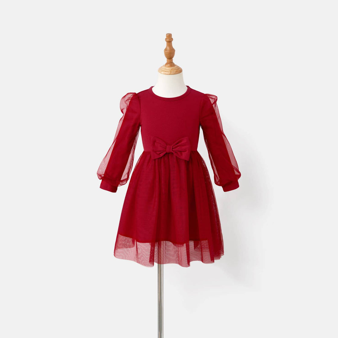 Red Mesh Splice Belted Dress
