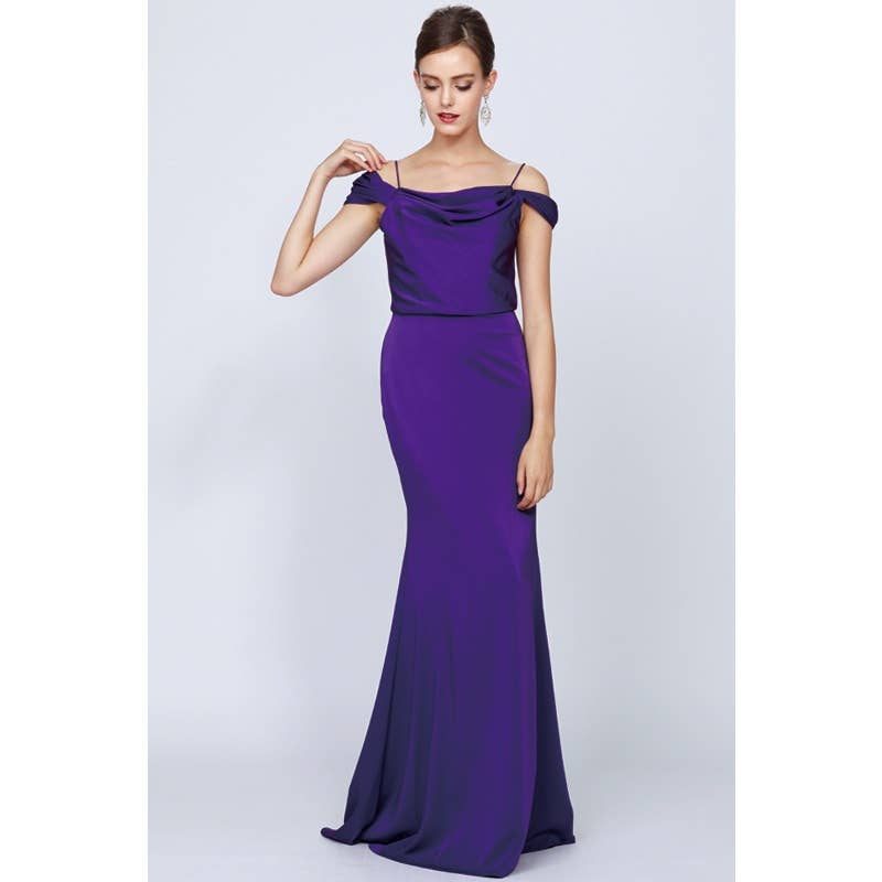 DRAPED OFF-THE-SHOULDER EVENING GOWN: PURPLE /SIZE: XS