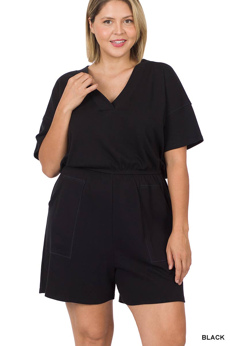 PLUS SIZE DROP SHOULDER V-NECK ROMPER WITH POCKETS